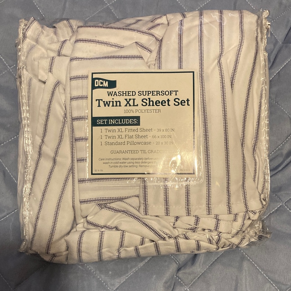 White and Blue Striped Twin XL Sheet Set